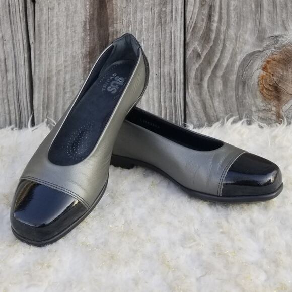 Square Toe Flats SAS Coco Size 6.5 Graphite Two Tone Grey Black Leather Cap Toe - Picture 2 of 14